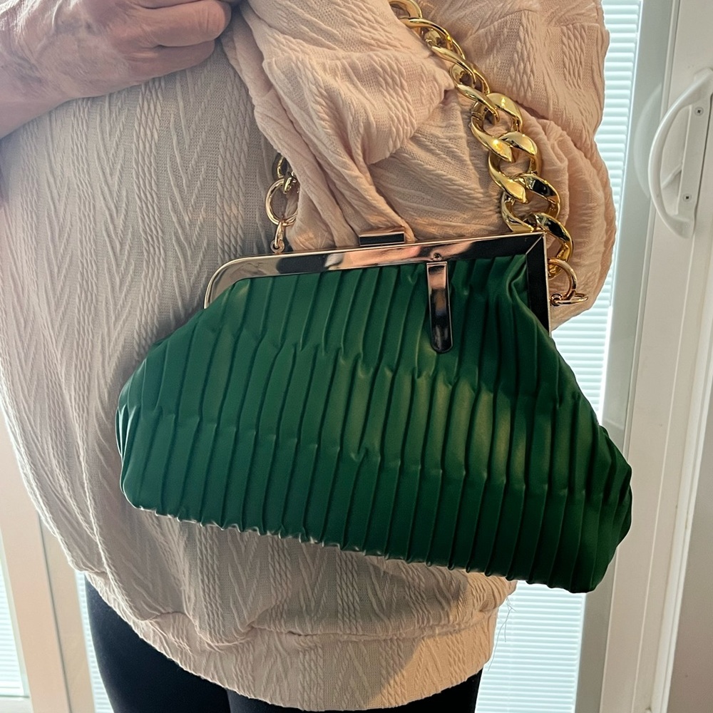 Stunning green with gold detail evening bag